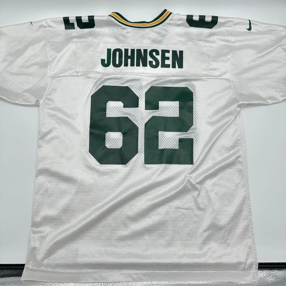 Nike‎ Team Vintage Green Bay Packers Johnsen 62 Jersey White Mens XL FA00 Stains